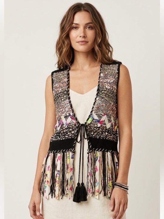Adore Jackets & Blazers - Adore Black Multicolor Fringe Knit Vest